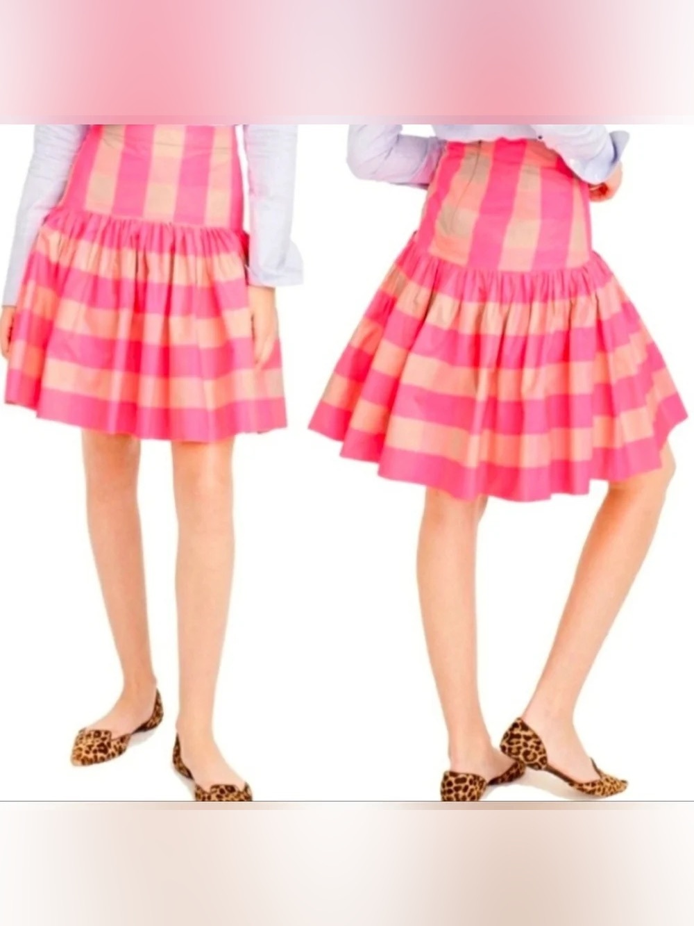 J.Crew neon pink and beige/cream buffalo check taffeta drop-waist.